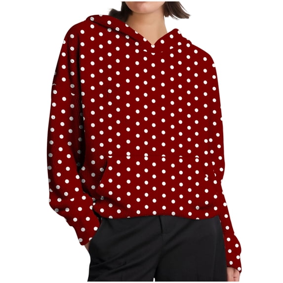 Women's Polka Pot Hoodies Long Sleeve Hood Sweatshirts Loose Fashion Sweater Casual Hoodie With Kangaroo Pocket (S, Red)