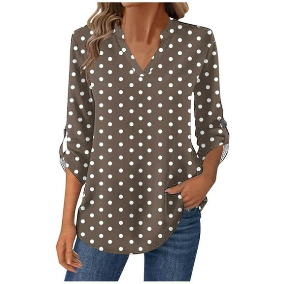Women's Polka Pot T-Shirts Trendy V-Neck Shirt Long Sleeve Button Tees Casual Fashion Shirts Classic Fit Pullover Tops (L, Brown)