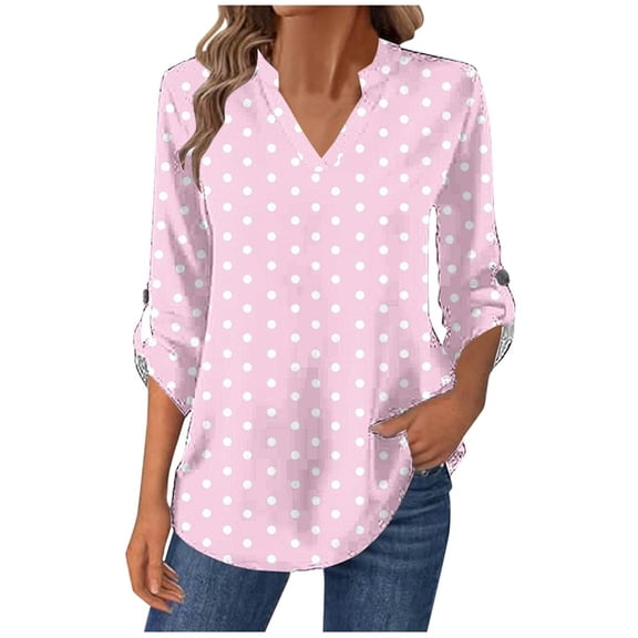 Women's Polka Pot T-Shirts Trendy V-Neck Shirt Long Sleeve Button Tees Casual Fashion Shirts Classic Fit Pullover Tops (L, Pink)