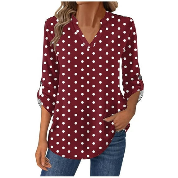 Women's Polka Pot T-Shirts Trendy V-Neck Shirt Long Sleeve Button Tees Casual Fashion Shirts Classic Fit Pullover Tops (M, Red)