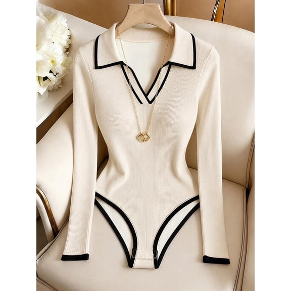 Women's Polo Collar Bodysuit Ribbed Knit Long Sleeve Contrast Trim Top