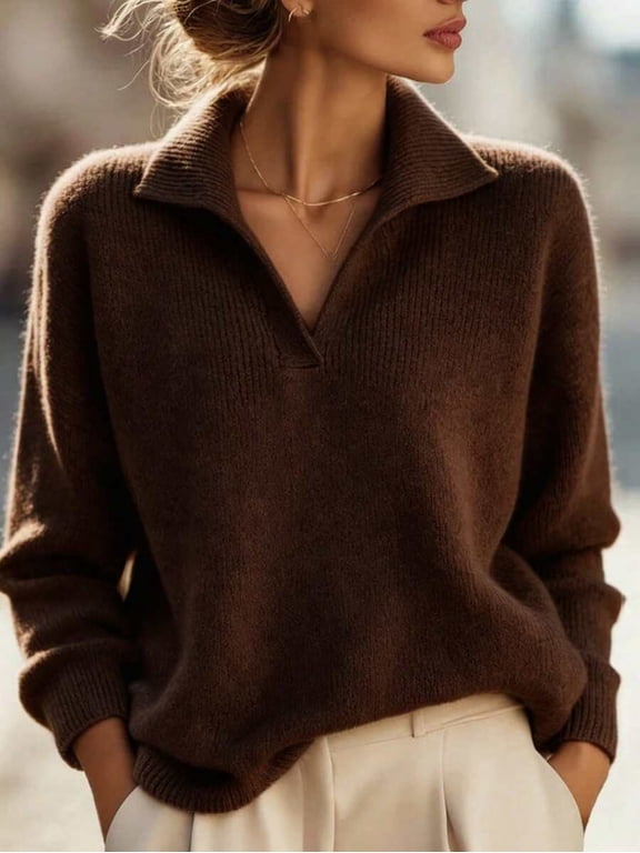 Women's Polo Collar Sweater Long Sleeve Knit Pullover Loose Fit for Daily Wear
