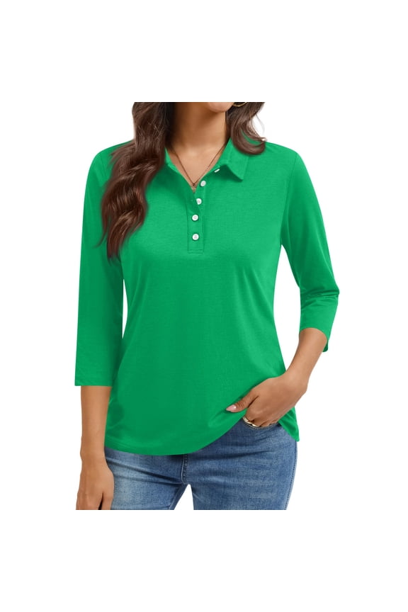 Women's Polo Shirt 3/4 Sleeve Tops Collared Button Down Golf Tee Casual Work T Shirt Green M