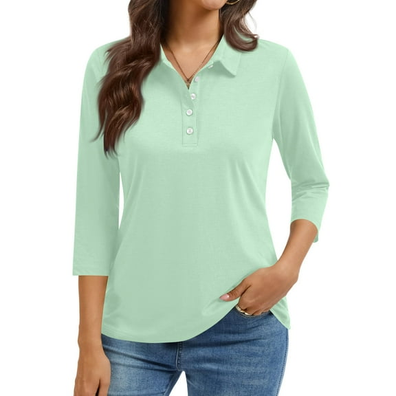 Women's Polo Shirt 3/4 Sleeve Tops Collared Button Down Golf Tee Casual Work T Shirt Mint Green XL