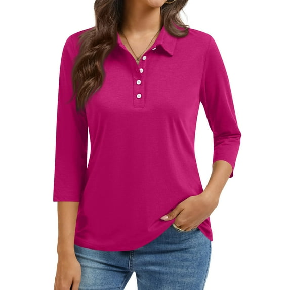 Women's Polo Shirt 3/4 Sleeve Tops Collared Button Down Golf Tee Casual Work T Shirt Purple 2XL