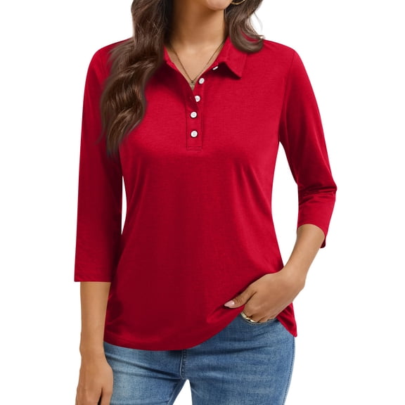 Women's Polo Shirt 3/4 Sleeve Tops Collared Button Down Golf Tee Casual Work T Shirt Red S