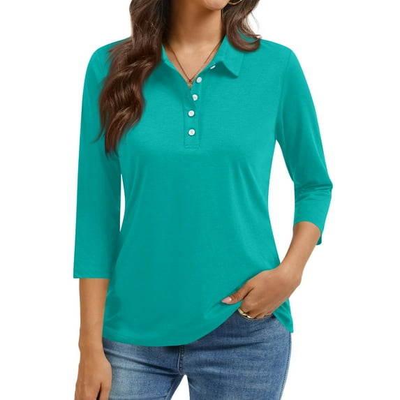 Women's Polo Shirt 3/4 Sleeve Tops Collared Button Down Golf Tee Casual Work T Shirt Turquoise 3XL