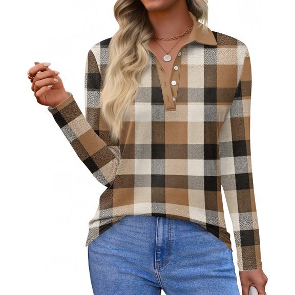 Women's Polo Shirt Long Sleeve Tops Collared Button Down Golf Tee Casual Spring Summer Work T Shirts Brown S