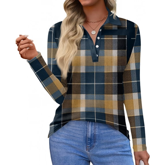 Women's Polo Shirt Long Sleeve Tops Collared Button Down Golf Tee Casual Spring Summer Work T Shirts Dark Blue L