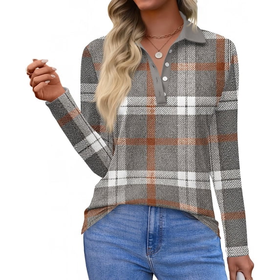 Women's Polo Shirt Long Sleeve Tops Collared Button Down Golf Tee Casual Spring Summer Work T Shirts Gray XL