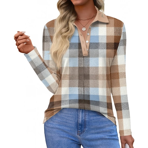 Women's Polo Shirt Long Sleeve Tops Collared Button Down Golf Tee Casual Spring Summer Work T Shirts Light Brown M