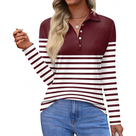 Women's Polo Shirt Long Sleeve Tops Collared Button Down Golf Tee Casual Spring Summer Work T Shirts Wine XL