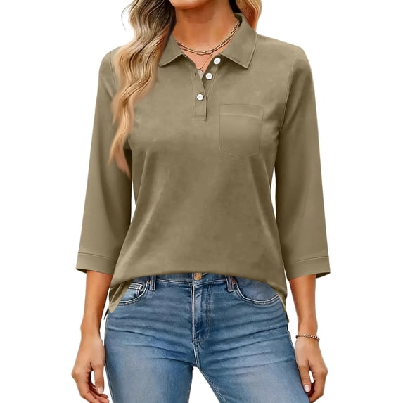 Women's Polo Shirts 3/4 Length Sleeve Button Down Collared Shirts Business Casual Work Tops Athletic Tennis Golf Shirt,Light Brown M