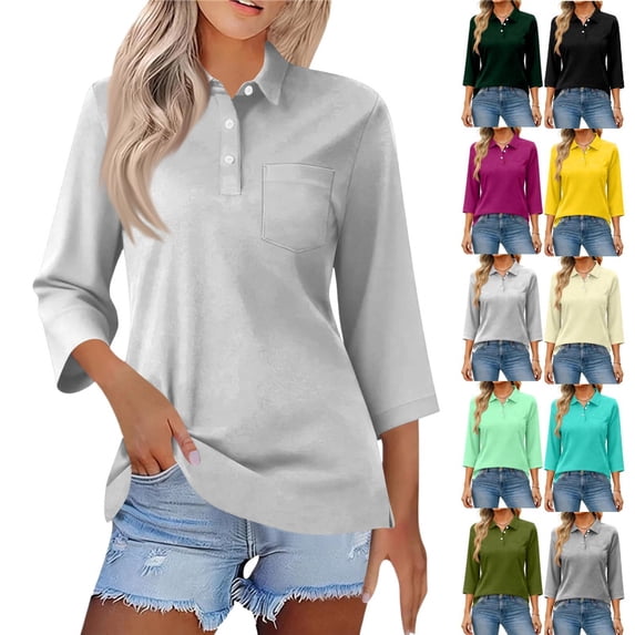 Women's Polo Shirts 3/4 Length Sleeve Tops Button Down Collared Shirts Business Casual Work Tops Athletic Tennis Golf Shirt,Light Gray M