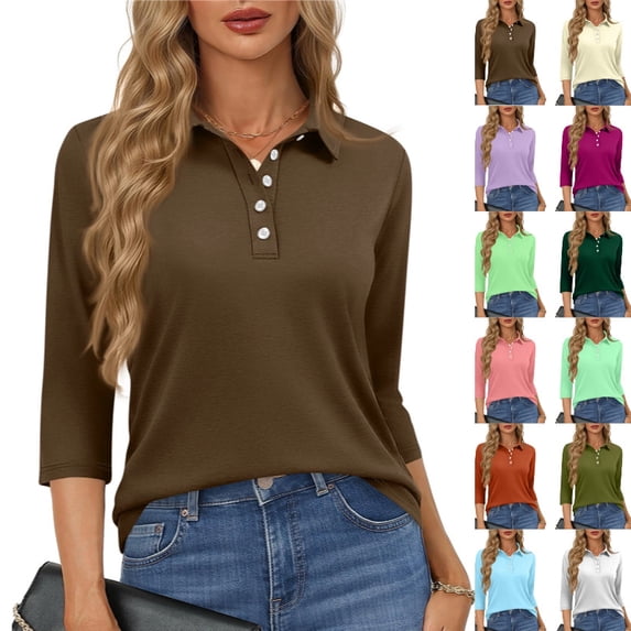 Women's Polo Shirts 3/4 Length Sleeve Tops Cotton Collared T Shirt Golf Shirt Business Casual Tees,Brown S