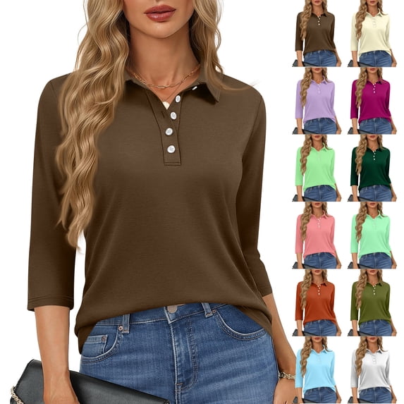 Women's Polo Shirts 3/4 Sleeve 5-Button Solid Color Shirts, Casual Business Collared Shirts Basic Tops, Spring & Summer Polo Collared T Shirts Breathable Trendy Tunic Tops Mint Green M