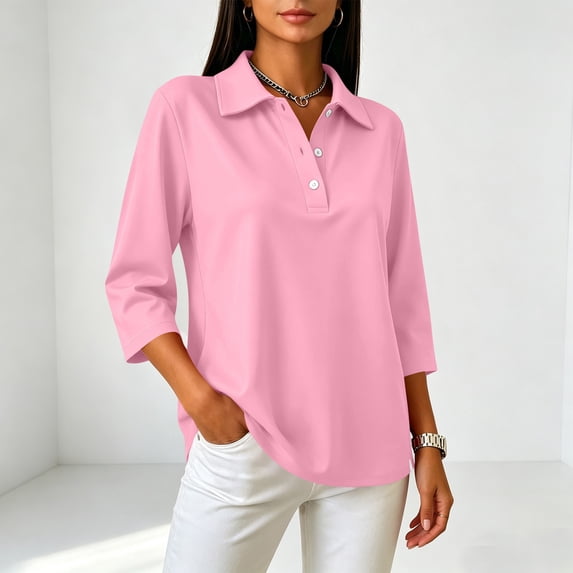 Women's Polo Shirts 3/4 Sleeve Casual Business Collared Shirt Golf Shirt Work Tops Pink 2XL