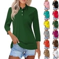 thumbnail image 1 of Women's Polo Shirts Cotton 3/4 Sleeve Tops Summer Collared V-Neck Button Down Golf Shirt Work Casual Blouse,Army Green M, 1 of 5