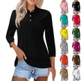 thumbnail image 1 of Women's Polo Shirts Cotton 3/4 Sleeve Tops Summer Collared V-Neck Button Down Golf Shirt Work Casual Blouse,Black S, 1 of 5