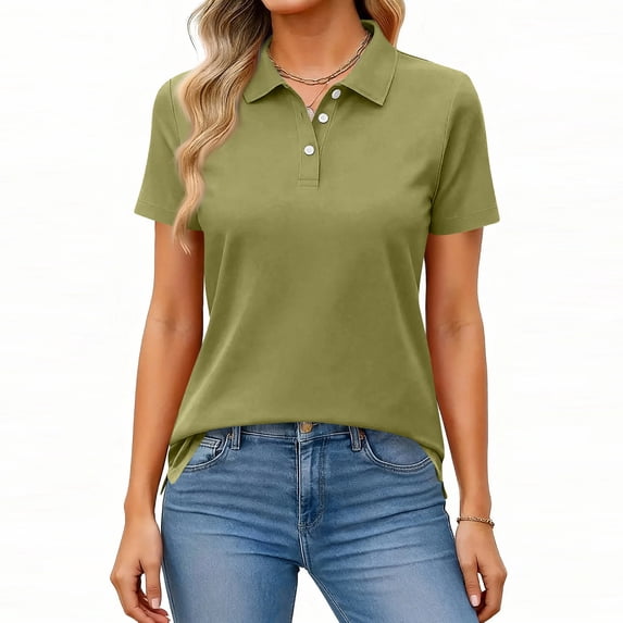 Women's Polo Shirts Cotton Short Sleeve Shirt 3 Buttons Collared Shirts Summer Casual Wicking Golf Tops Army Green M