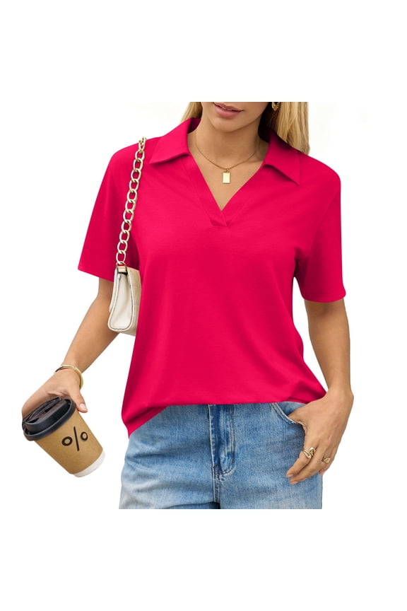 Women's Polo Shirts Crop Tops Collared V Neck T Shirts Boxy Short Sleeve Polo Shirts Summer Basic Tees Fashion Clothes Hot Pink S