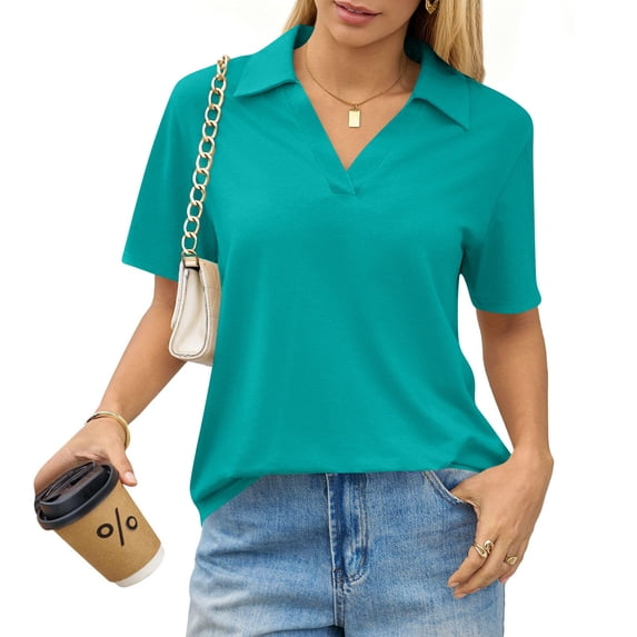Women's Polo Shirts Crop Tops Collared V Neck T Shirts Boxy Short Sleeve Polo Shirts Summer Basic Tees Fashion Clothes Turquoise S