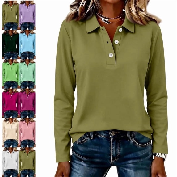 Women's Polo Shirts Golf Henely Button Down Tops Collared 3/4 Sleeve Tunic Work Blouses Plain Lightweight Clothes Army Green L
