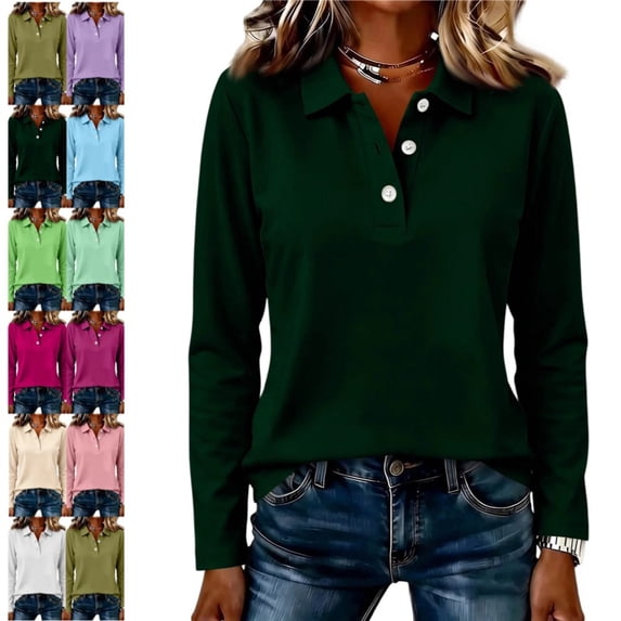 Women's Polo Shirts Golf Henely Button Down Tops Collared 3/4 Sleeve Tunic Work Blouses Plain Lightweight Clothes Dark Green S