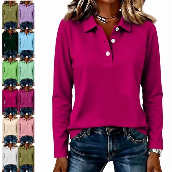 Women's Polo Shirts Golf Henely Button Down Tops Collared 3/4 Sleeve Tunic Work Blouses Plain Lightweight Clothes Hot Pink 2XL
