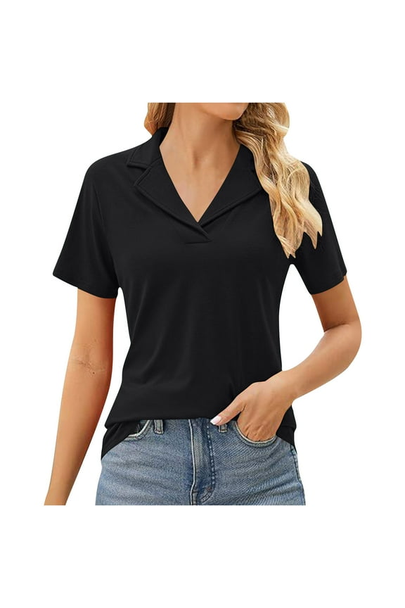 Women's Polo Shirts Lapel Collar V Neck Short Sleeve Blouse Dressy Casual Tunic Tops