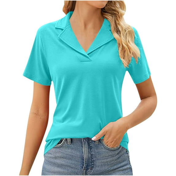 Women's Polo Shirts Lapel Collar V Neck Short Sleeve Blouse Dressy Casual Tunic Tops