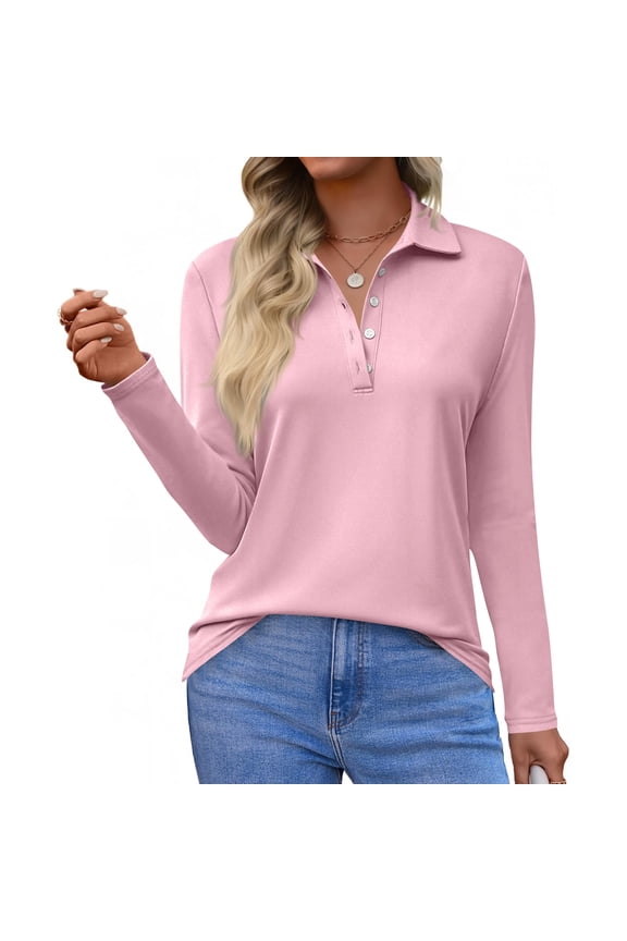 Women's Polo Shirts Long Sleeve Button Down Collared T Shirt Golf Shirt Business Casual Tee Uniform Tops Pink S