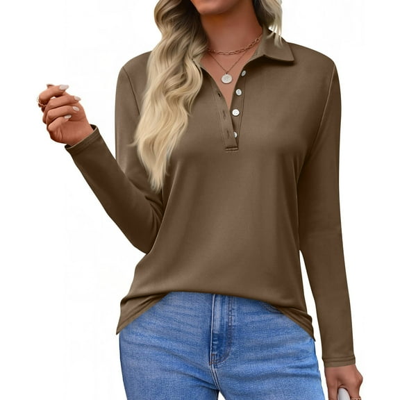 Women's Polo Shirts Long Sleeve Button Down Golf Shirt Quick Dry Protection Lightweight Tennis Shirts Brown S
