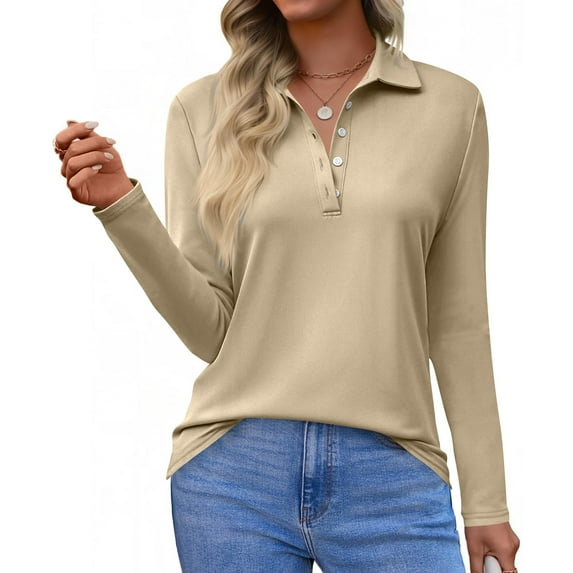 Women's Polo Shirts Long Sleeve Button Down Golf Shirt Quick Dry Protection Lightweight Tennis Shirts Khaki XL