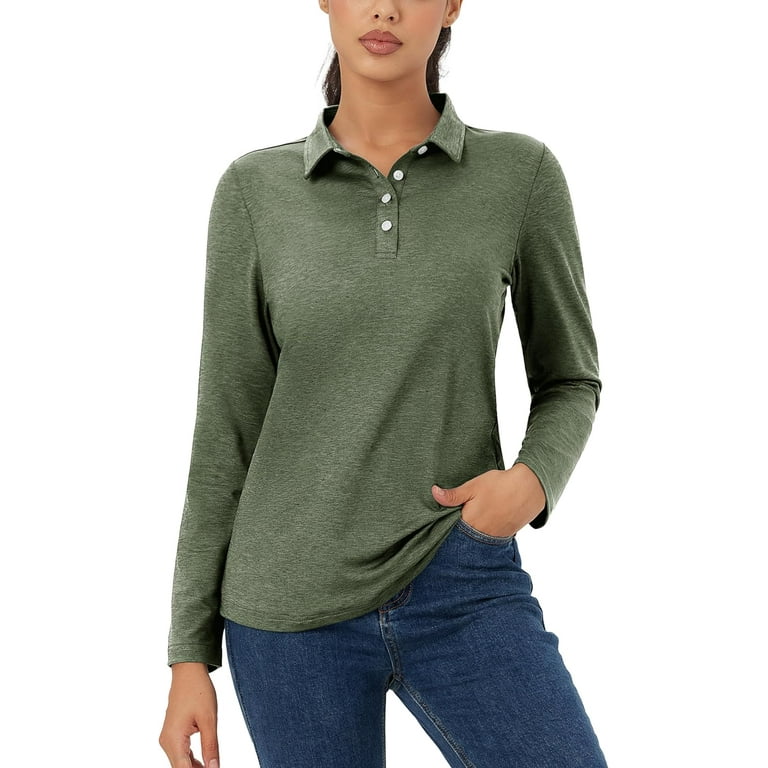 Women s Polo Shirts Long Sleeve Collared 4 Button Lightweight Moisture Wicking Work Business Casual Golf Active Walmart