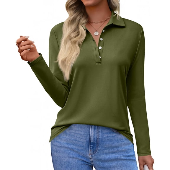 Women's Polo Shirts Long Sleeve Cotton Collared T Shirt Golf Shirt Business Casual Tee Uniform Tops ButtonArmy Green L