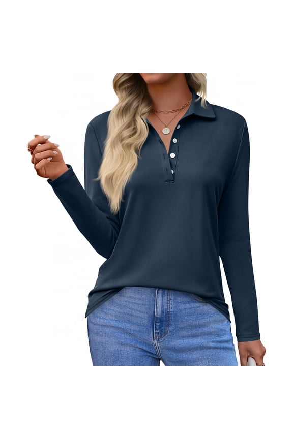 Women's Polo Shirts Long Sleeve Cotton Collared T Shirt Golf Shirt Business Casual Tee Uniform Tops ButtonNavy M
