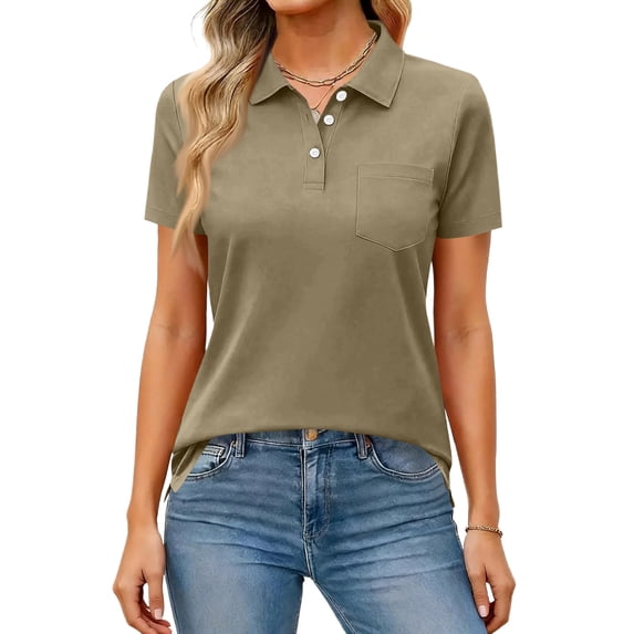 Women's Polo Shirts Short Sleeve Button Down Collared Shirts Business Casual Work Tops Athletic Tennis Golf Shirt Light Brown M