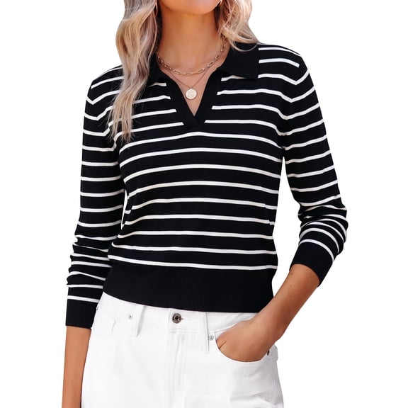 Sweaters for Women Polo Sweater Women Long Sleeve Rib Knit V Neck Pullover Lightweight Knit Top for Spring Fall Winter