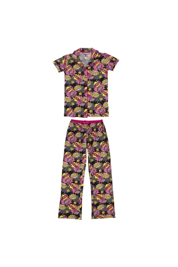 Women's Poly Button Down Short Sleeve Pajama & Pants Set, Smiley/Comic Graphic, L, 1 Set