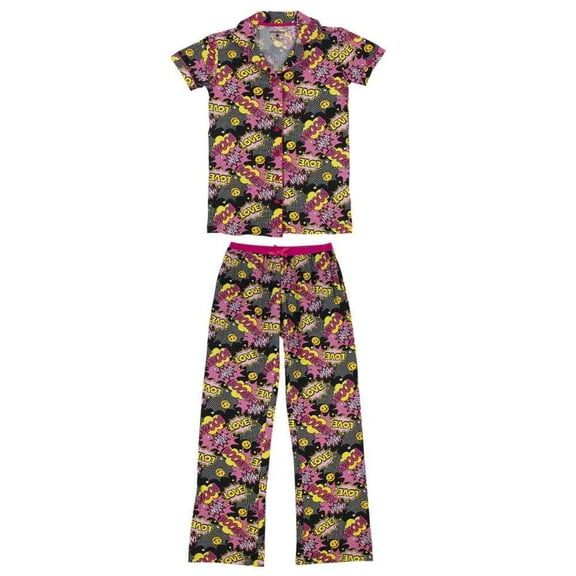 Women's Poly Button Down Short Sleeve Pajama & Pants Set, Smiley/Comic Graphic, S, 1 Set