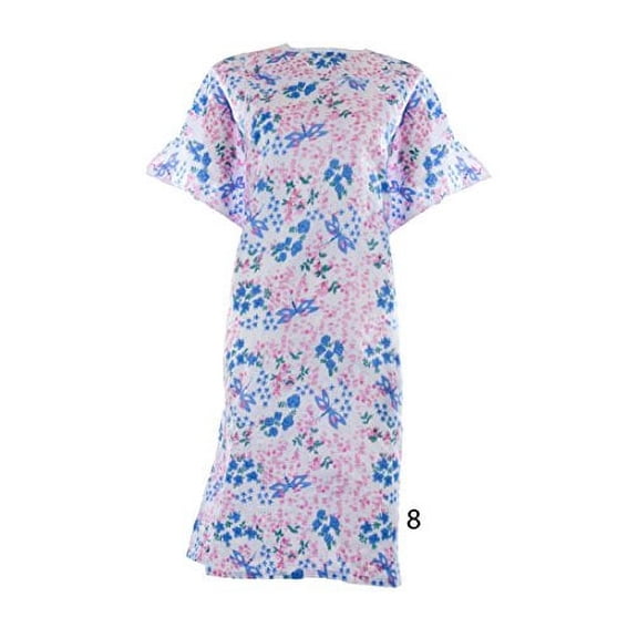 Women's Poly Cotton Backwrap Gown - 13 Prints Sizes Small - 3XL (Medium, Pink with Blue Flowers 08)