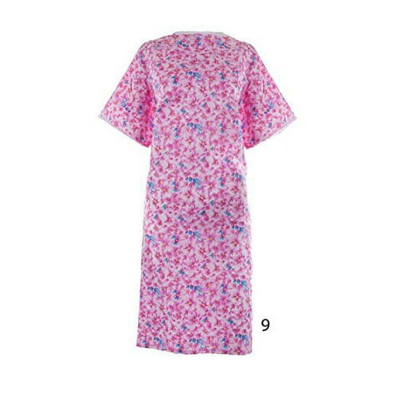 Women's Poly Cotton Backwrap Gown - 13 Prints Sizes Small - 3XL (Medium, Pink with Small Blue Flowers 09)