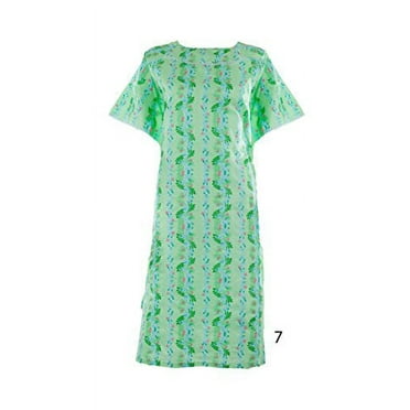Women's Poly Cotton Backwrap Gown - 13 Prints Sizes Small - 3XL (Small, Green with Light Blue Lines and flowers 07)