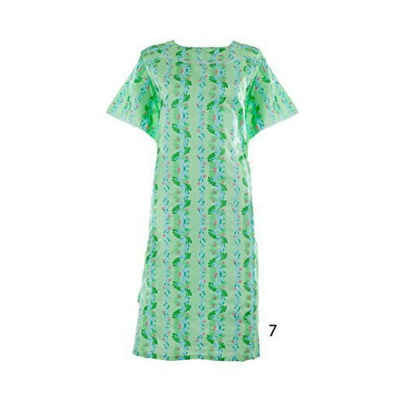 Women's Poly Cotton Backwrap Gown - 13 Prints Sizes Small - 3XL (Small, Green with Light Blue Lines and flowers 07)