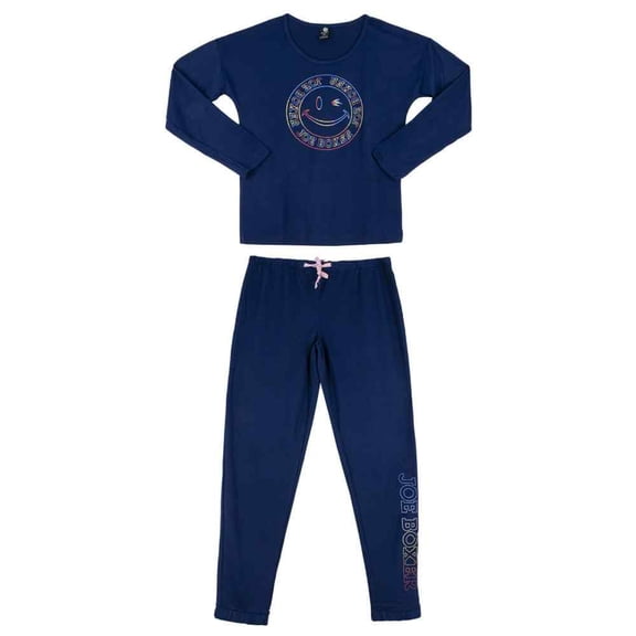 Women's Poly Long Sleeve Pajama & Pants Set, Smiley/Navy, L, 1 Set