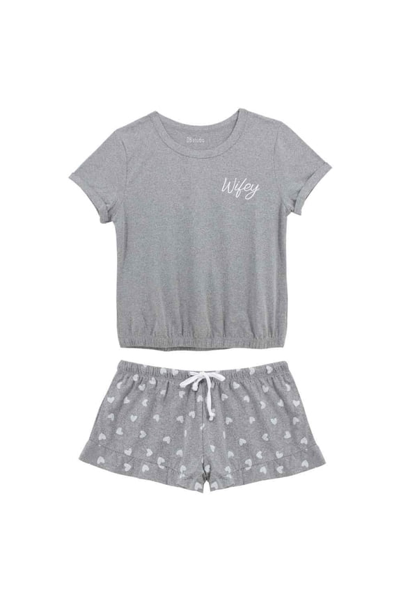 Women's Poly T Shirt and Shorts Pajama Set, Wifey, Grey, 2X Large, 1 Set