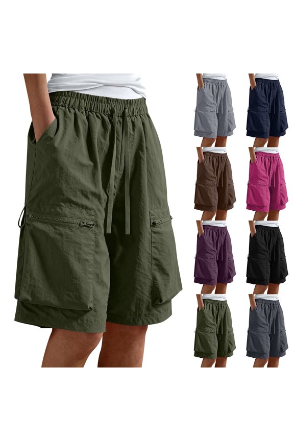 Women's Polyester Knit Bermuda Shorts, High Waisted Drawstring Tummy Control, Functional Side Cargo Pockets Fast Drying Matrix, Summer Outdoor Hiking Trekking Camping Gear, Loose Cargo | Velmuse