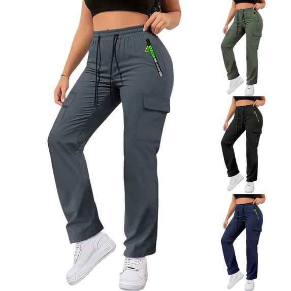 Women's Polyester Straight Leg Pants with Pockets, Mid Waisted Elastic Drawstring Multi Pocket Pants, Casual Business Outdoor Work Long Pants | VerBelle,Black M