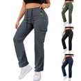 thumbnail image 1 of Women's Polyester Straight Leg Pants with Pockets, Mid Waisted Elastic Drawstring Multi Pocket Pants, Casual Business Outdoor Work Long Pants | VerBelle,Dark Gray 2XL, 1 of 5